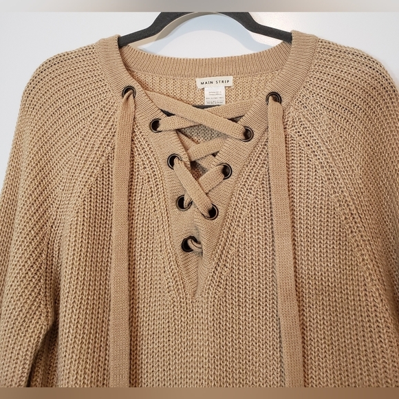 Main Strip Lace Up Front Knitted Tan Sweater Size Medium - Picture 4 of 12